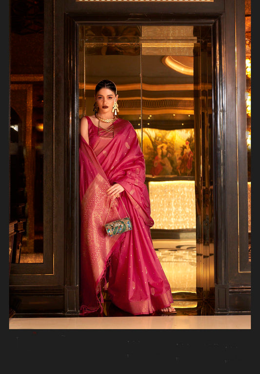 Pink Tussar Silk Saree With Sequins Handloom Weaving