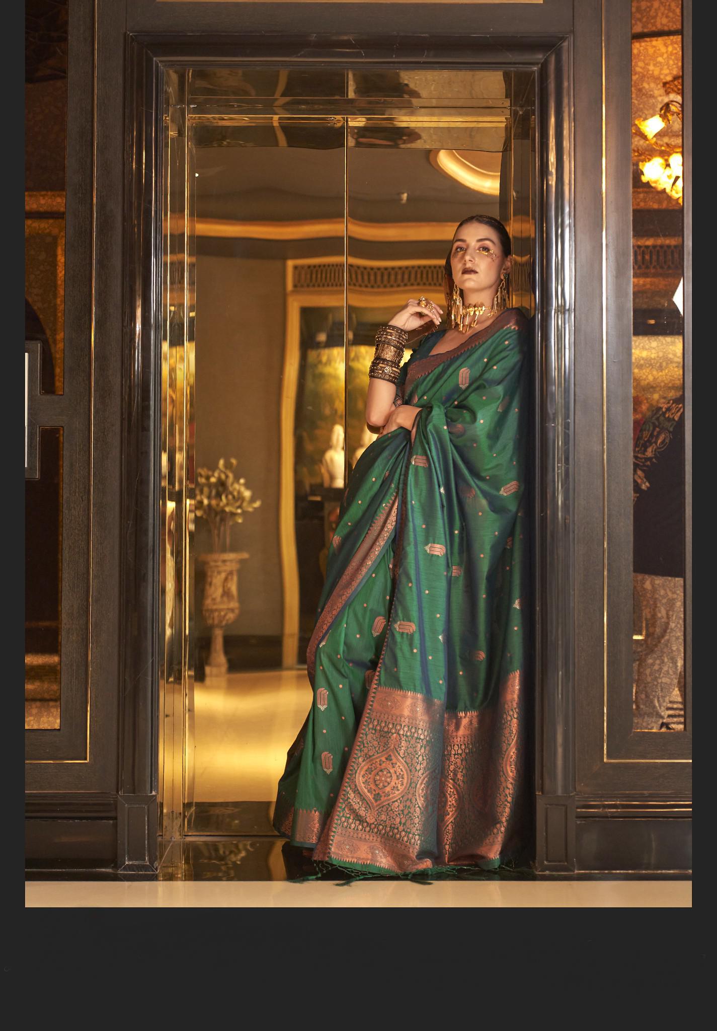Green Tussar Silk Saree With Sequins Handloom Weaving