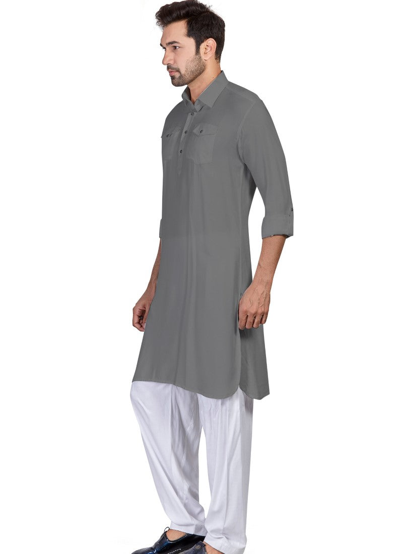 Gray Cotton Pathani Men's Kurta Pajama