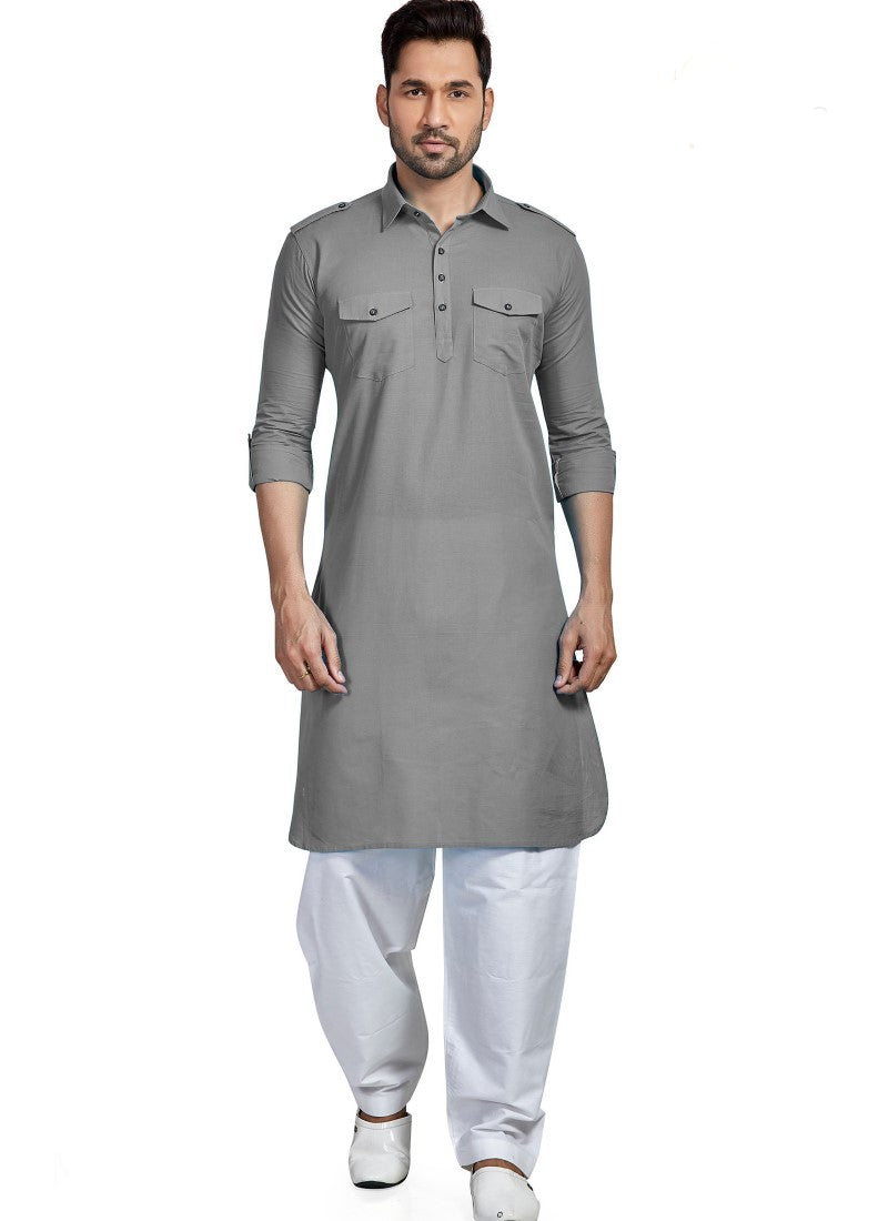 Gray Cotton Pathani Men's Kurta Pajama