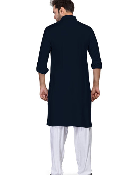 Navy Blue Cotton Pathani Men's Kurta Pajama