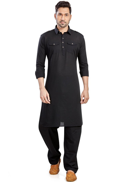 Black Cotton Pathani Men's Kurta Pajama