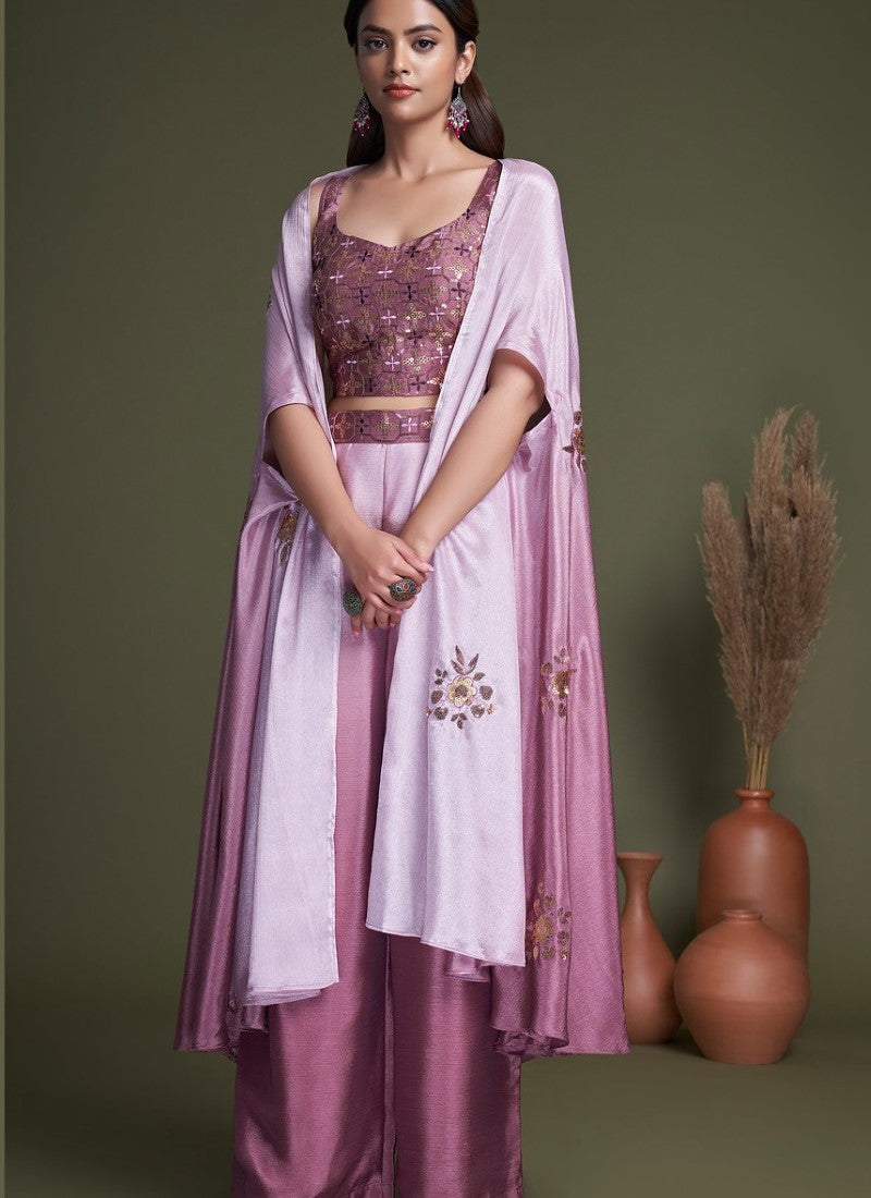 Pink Chinon Embroidered Palazzo Suit With Jacket