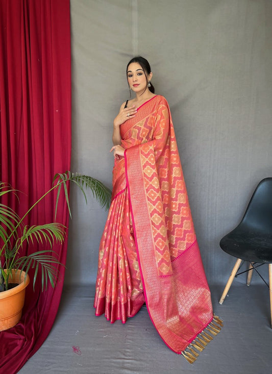 Pink Tissue Silk Saree With Golden Zari Weaving Broder