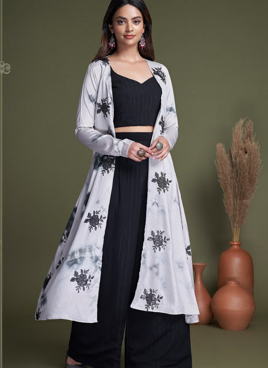Black Silk Embroidered Palazzo Suit With Jacket