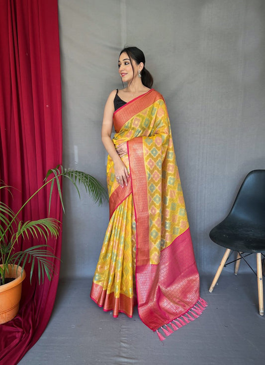Yellow Tissue Silk Saree With Golden Zari Weaving Broder