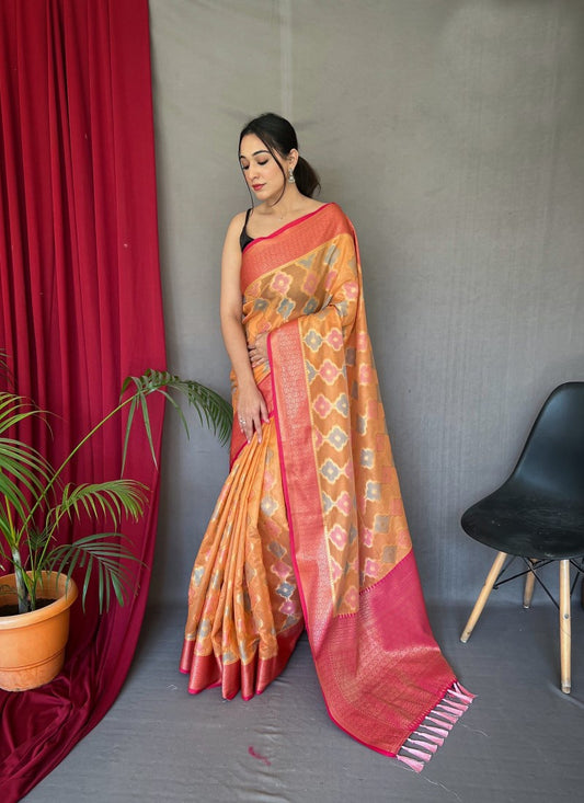 Orange Tissue Silk Saree With Golden Zari Weaving Broder