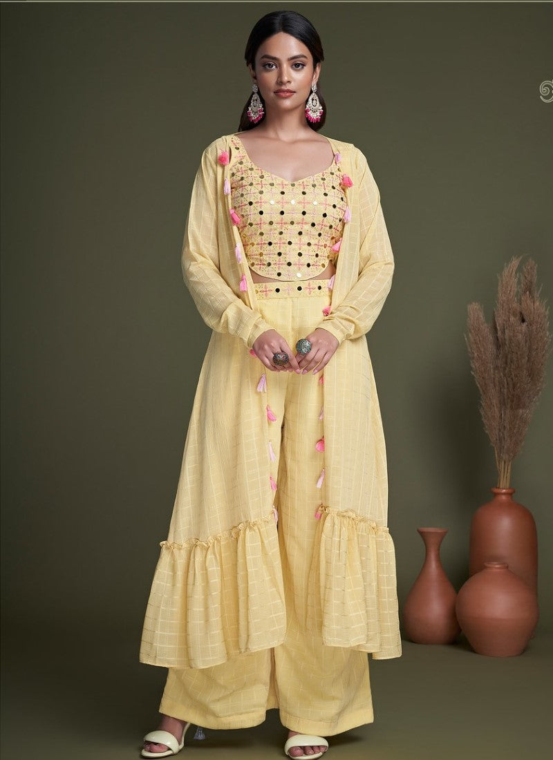 Yellow Georgette Embroidered Palazzo Suit With Jacket