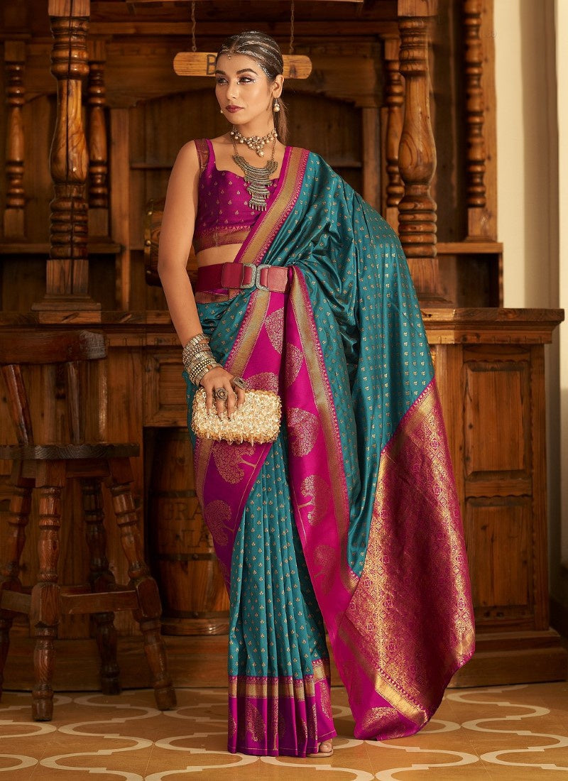 Teal Banasari Silk Saree with Copper Zari Weaving