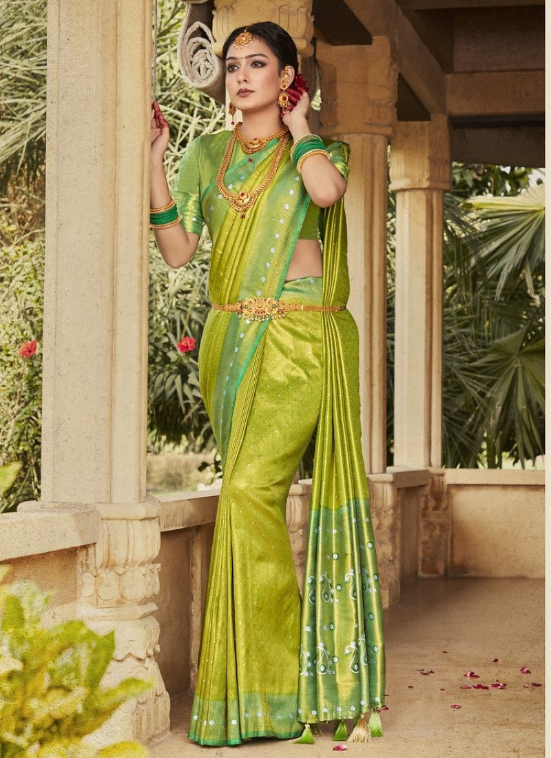 Olive Green Kanjivaram Silk Saree With Contrast Border