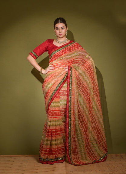 Red Georgette Foil Print Saree With Heavy Sequins And Diamond Pattern Lace Border