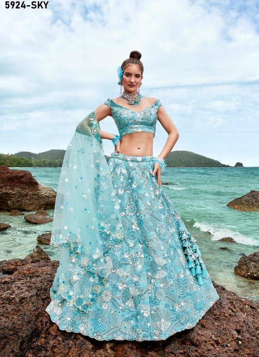 Aqua Blue Wedding Designer Lehenga Choli With Heavy Embroidery Work