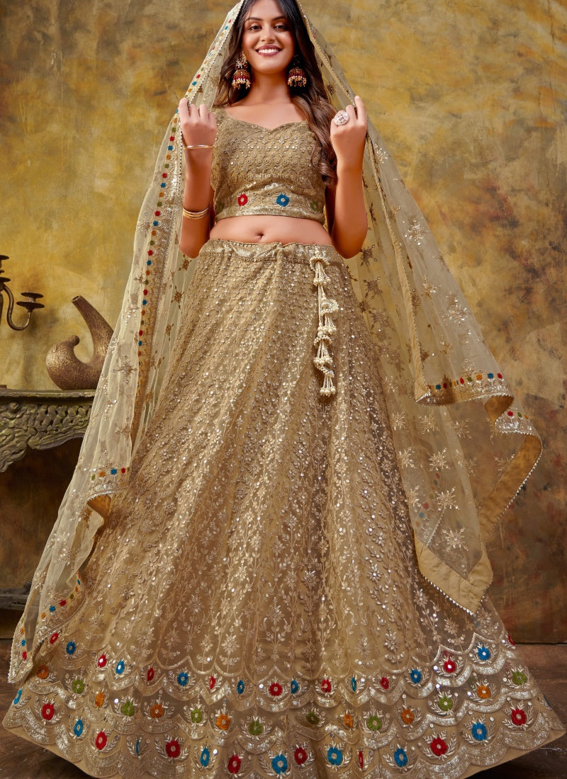Olive Green Net Lehenga Choli With Embroidery and Sequins Work