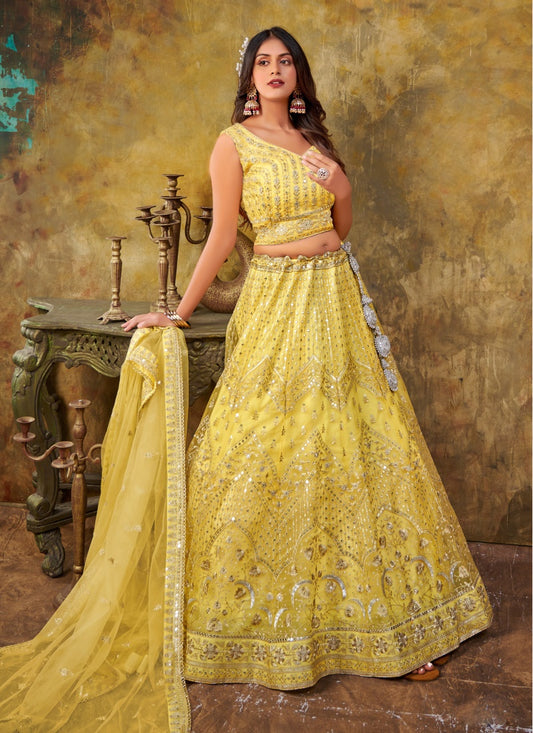 Yellow Net Lehenga Choli With Embroidery and Sequins Work