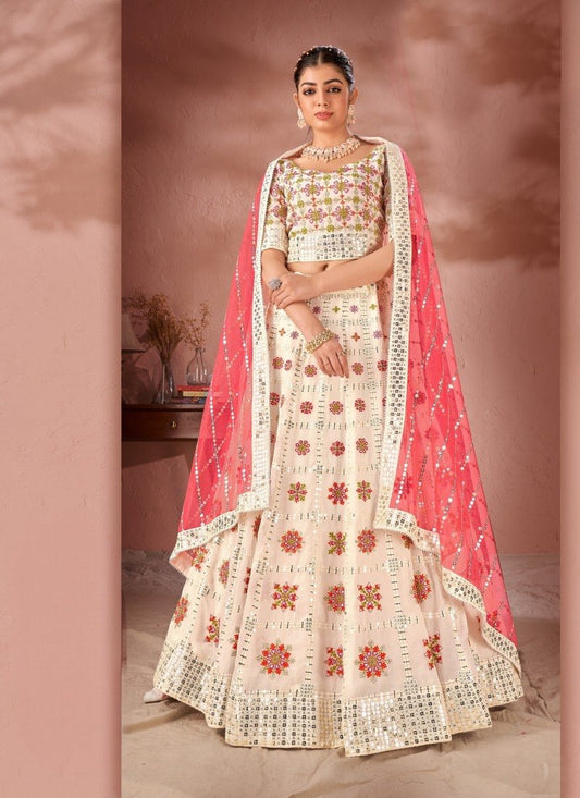 Off White Georgette Lehenga Choli With Sequins and Thread Work