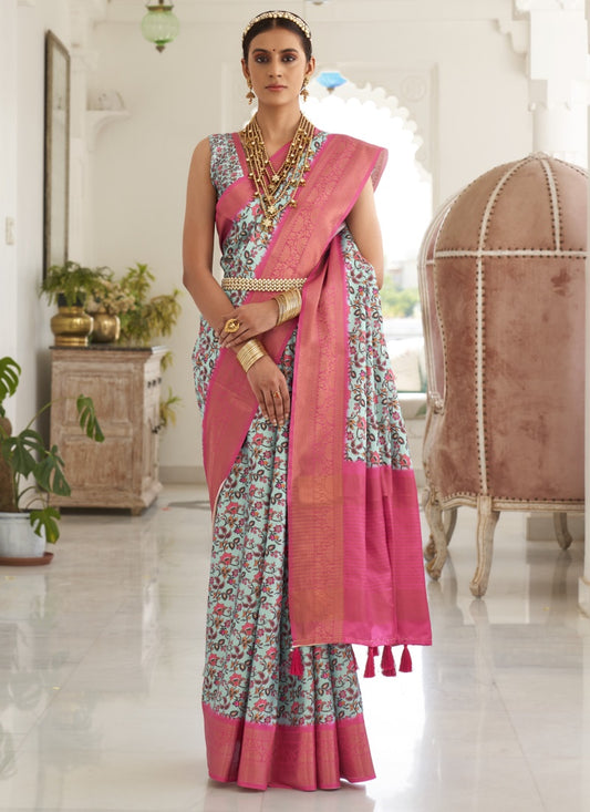 Pink Silk Digital Floral Printed Saree