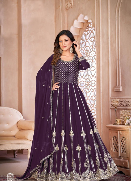 Purple Georgette Anarkali Suit with Embroidered Work