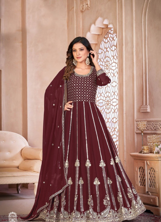 Maroon Georgette Anarkali Suit with Embroidered Work