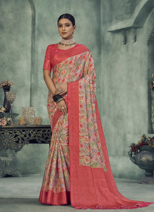 Red Silk Digital Floral Printed Saree
