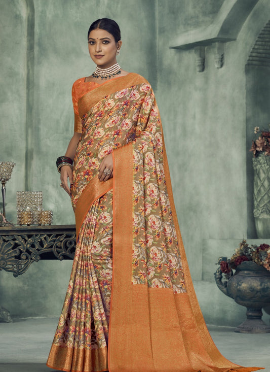 Orange Silk Digital Floral Printed Saree