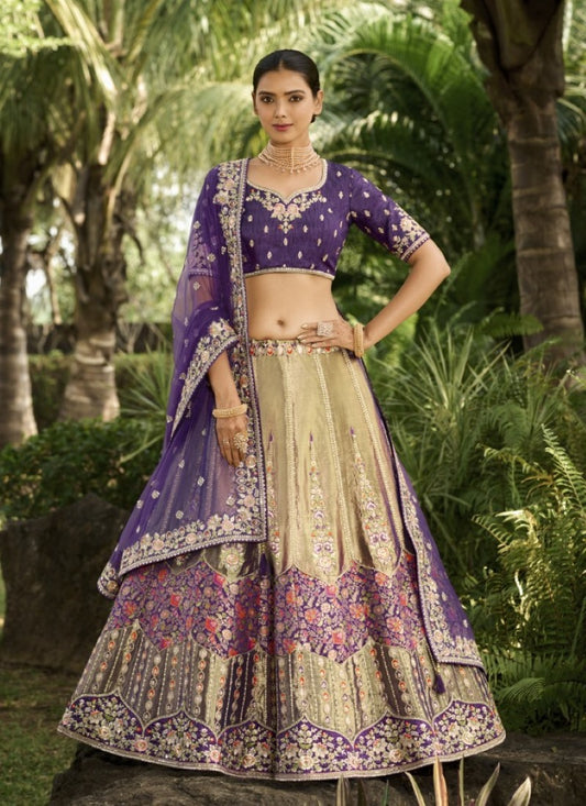 Purple Banarasi Silk Lehenga Choli With Embroidery and Sequins Work