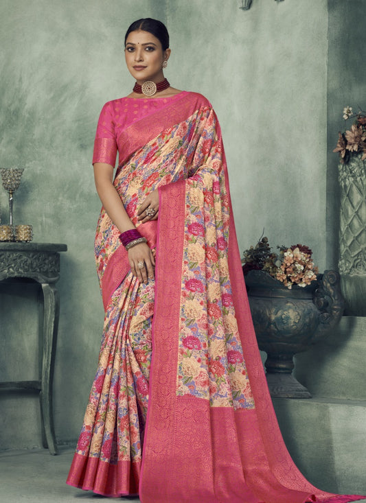 Magenta Silk Digital Floral Printed Saree