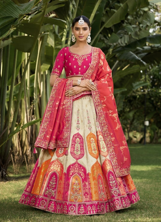 Pink and Orange Banarasi Silk Lehenga Choli With Embroidery and Sequins Work