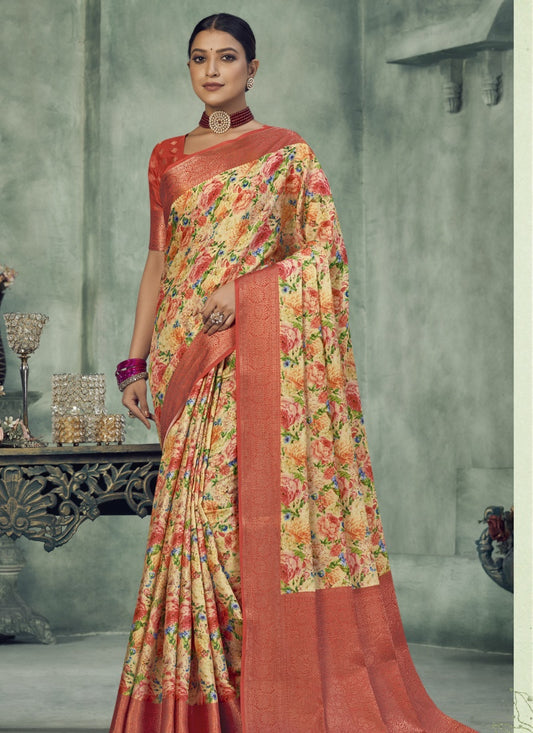 Red Silk Digital Floral Printed Saree