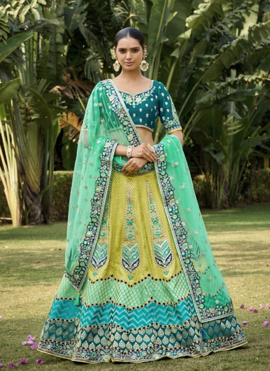 Yellow and Green Georgette Lehenga Choli With Embroidery and Sequins Work