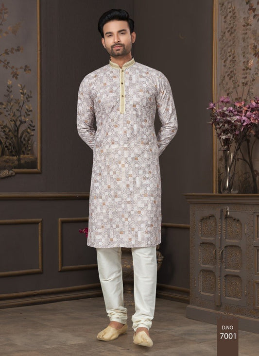 Off White Cotton Digital Print Kurta Pajama  with Lucknowi, Sequence, Thread and Pintex Work