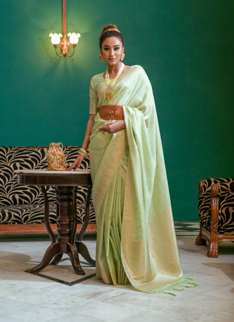 Pista Green Silk Saree With Zari Work