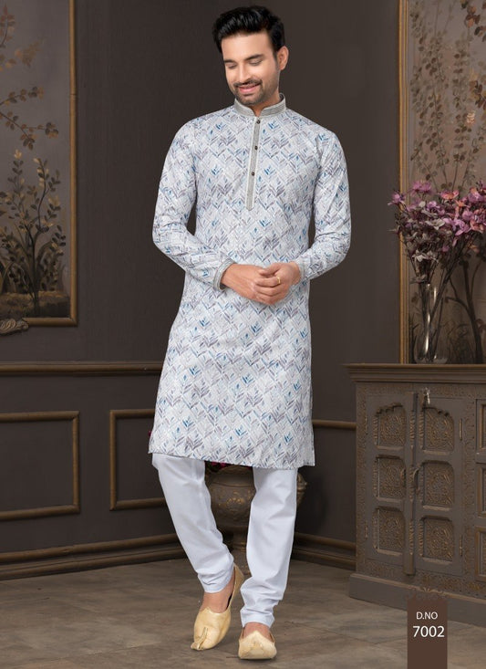 Sky Blue Cotton Digital Print Kurta Pajama  with Lucknowi, Sequence, Thread and Pintex Work