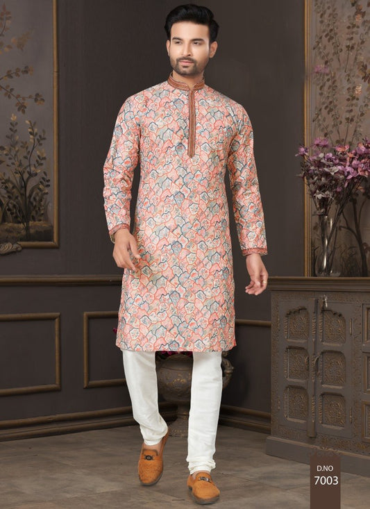 Peach Cotton Digital Print Kurta Pajama  with Lucknowi, Sequence, Thread and Pintex Work