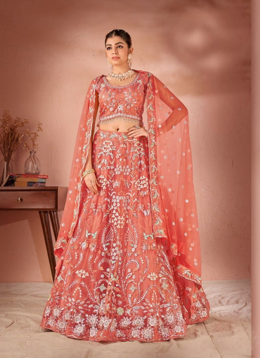 Peach Net Embroidered Lehenga Choli with Sequins and Thread Work