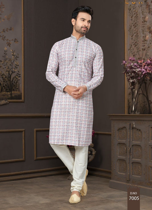 Off White Cotton Digital Print Kurta Pajama  with Lucknowi, Sequence, Thread and Pintex Work