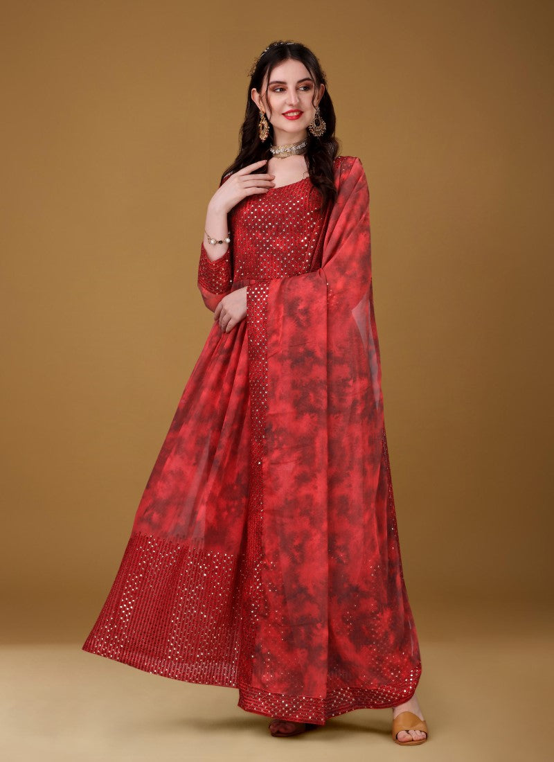 Dark Red Georgette Embroidered Anarkali Suit