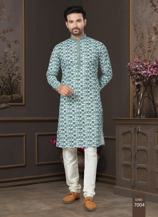 Green Cotton Digital Print Kurta Pajama with Lucknowi, Sequence, Thread and Pintex Work