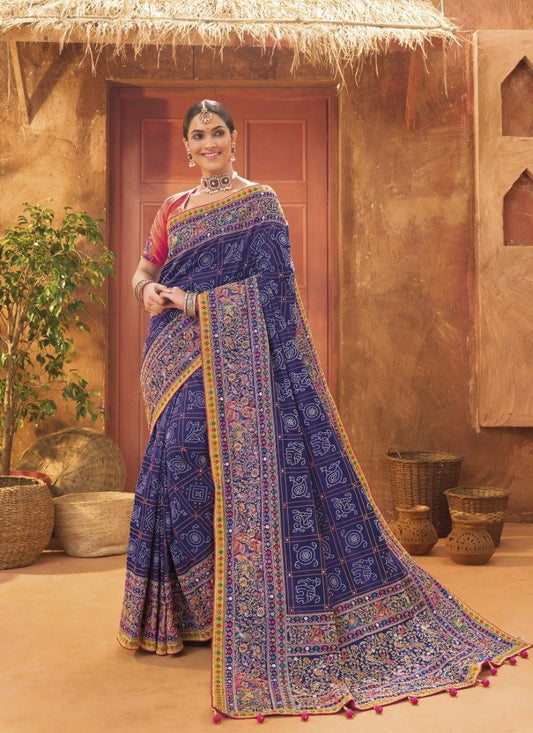 Blue Banarasi Silk Saree With Kachhi Work,  Mirror Work and Diamond Work