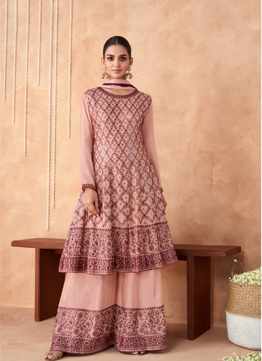 Pink Georgette Palazzo Suit with Embroidered Work