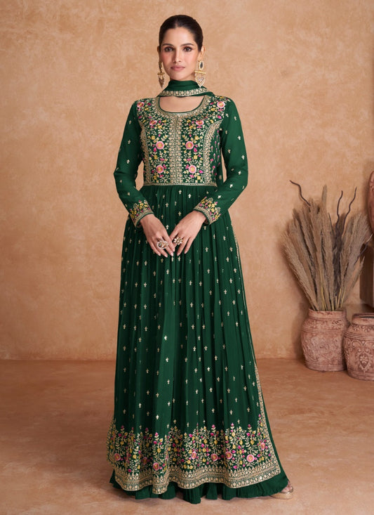 Green Georgette Embroidered Anarkali Suit