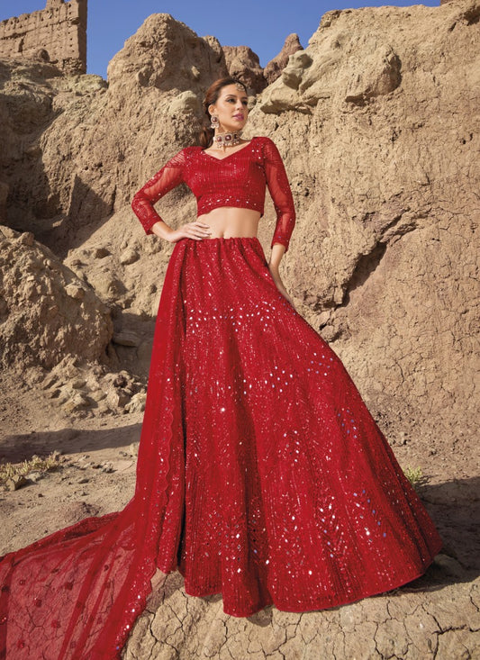 Red Net Party Wear Lehenga Choli with Mirror and Sequins Work