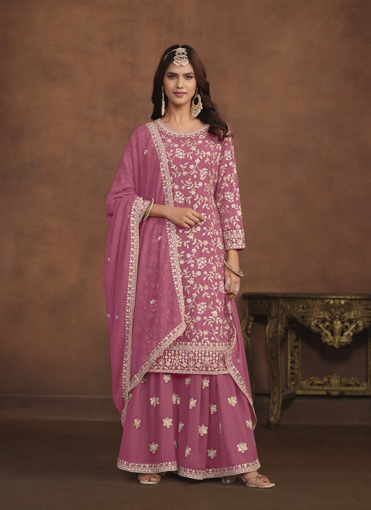 Pink Georgette Pakistani Style Palazzo Suit With Embroidery Work