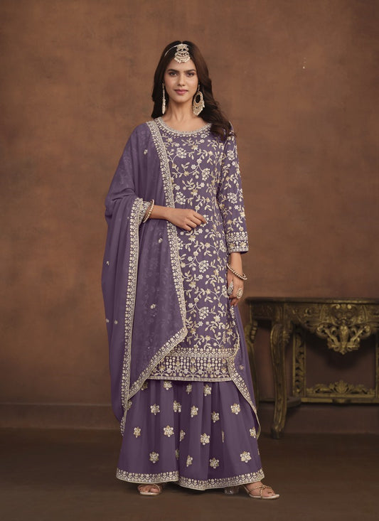 Purple Georgette Pakistani Style Palazzo Suit With Embroidery Work