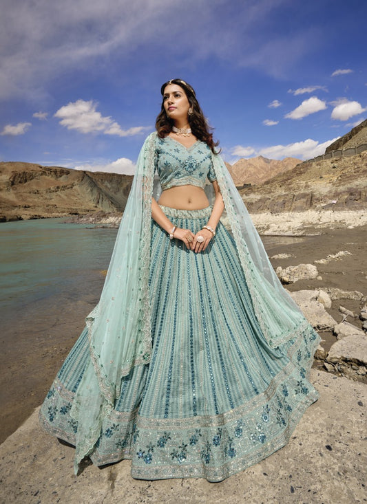 Aqua Blue Georgette Party Wear Lehenga Choli with Mirror and Sequins Work