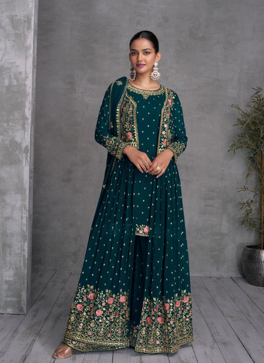 Green Georgette Embroiderd Palazzo Suit With Jacket