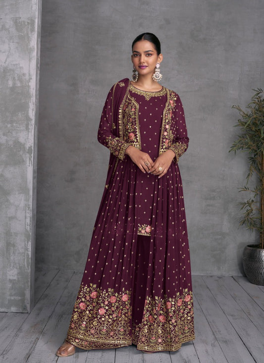 Wine Georgette Embroiderd Palazzo Suit With Jacket