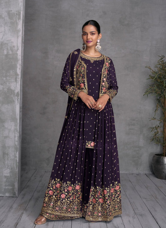 Purple Georgette Embroiderd Palazzo Suit With Jacket