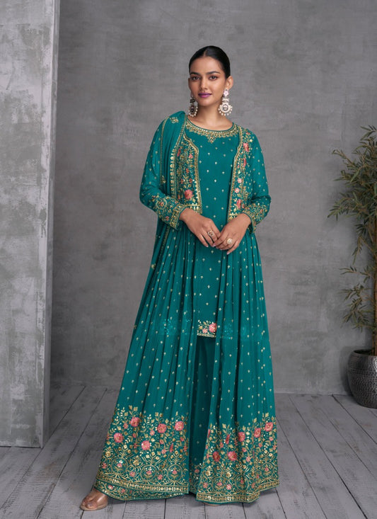 Blue Georgette Embroiderd Palazzo Suit With Jacket