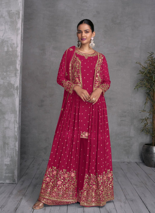 Red Georgette Embroiderd Palazzo Suit With Jacket
