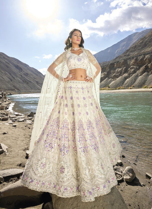 Off White Net Party Wear Lehenga Choli with Mirror and Sequins Work